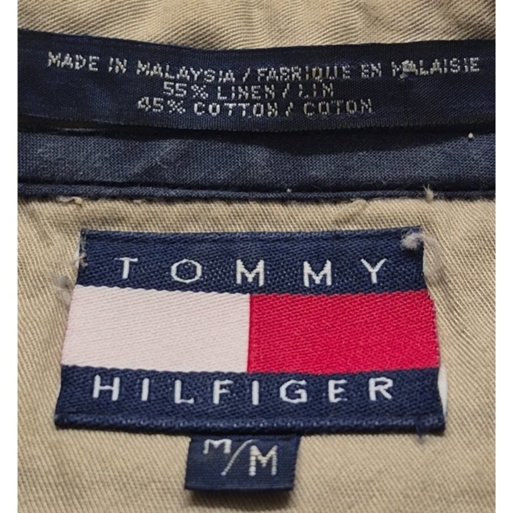 VTG‎ Tommy Hilfiger men's tan striped LS button up shirt logo/pocket Linen Blend - Picture 5 of 12